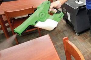 Disinfection of office space, including tables, chairs, and all high-touch surfaces, with electrostatic sprayer