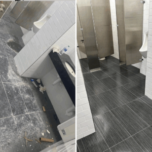 Post construction floor cleaning - restrooms in NYC Office building.