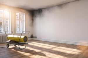 Image of mold growth on wall and ceiling and a dehumidifier machine