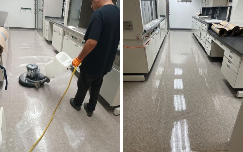 Strip and wax vinyl floor in charter school science lab