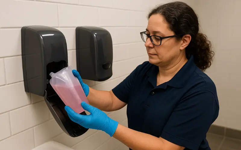 Cleaner changing soap in soap dispensers in school bathroom Cleaner changing soap in soap dispensers in school bathroom
