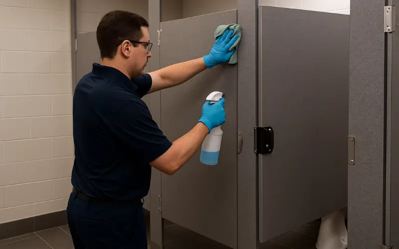 Cleaner cleaning and disinfecting bathroom stalls in school restroom Cleaner cleaning and disinfecting bathroom stalls in school restroom