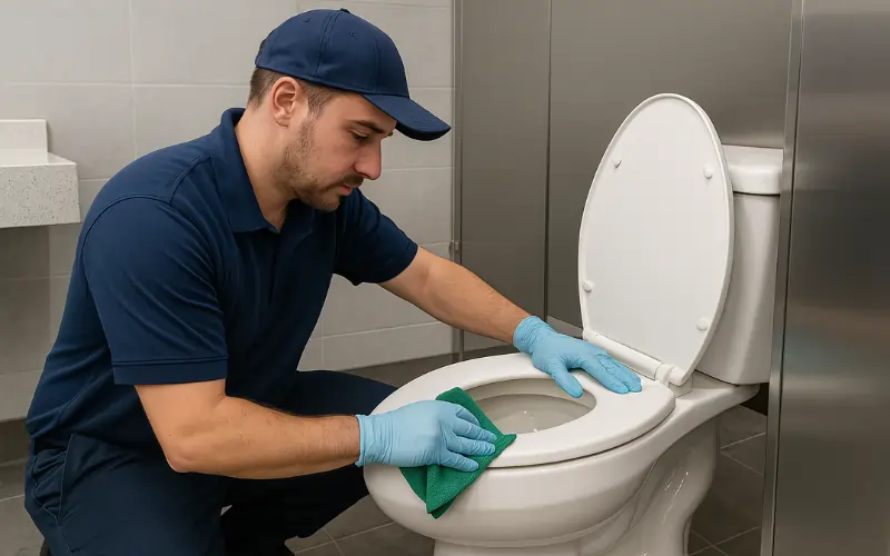 Cleaner cleaning toilet seat in school restroom Cleaner cleaning toilet seat in school restroom