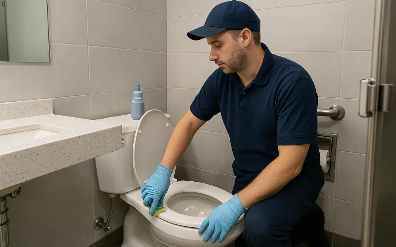 Cleaner cleaning toilets in school bathroom Cleaner cleaning toilets in school bathroom