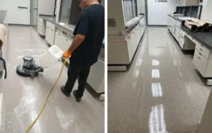 Cleaning vinyl floor of school laboratory