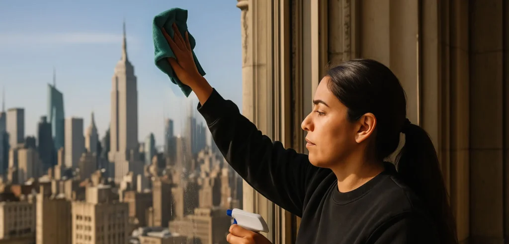 Green cleaning services provided by Advantage cleaning team while cleaning windows in office building