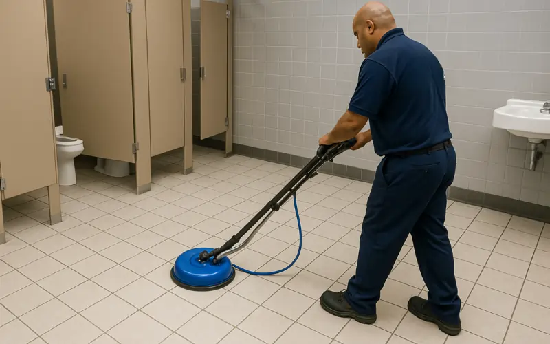 cleaner sealing grout in tile floors using a machine in a university restroom cleaner sealing grout in tile floors using a machine in a university restroom