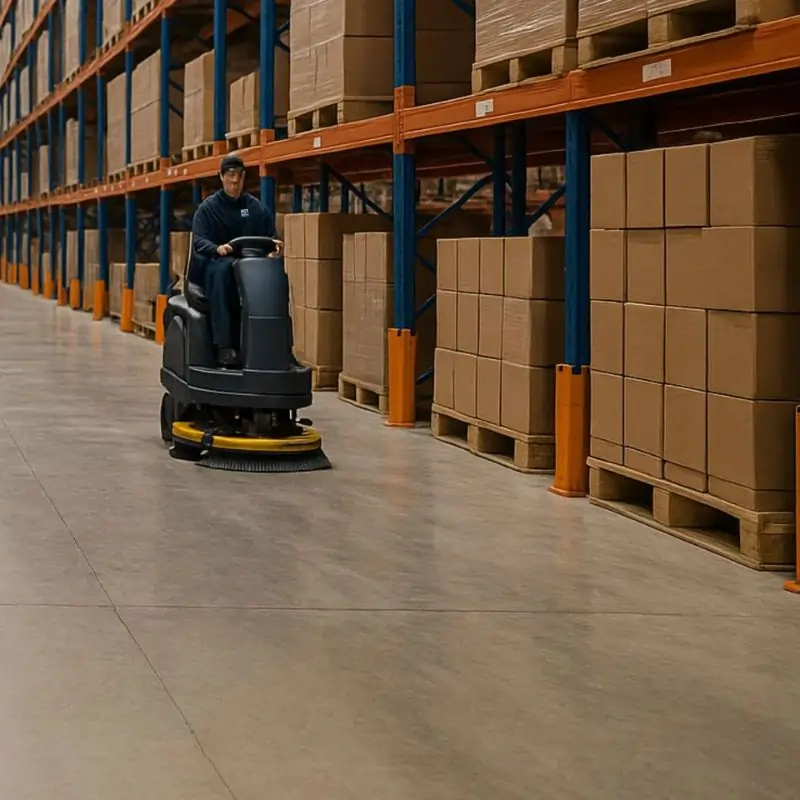 Cleaning concrete floors with auto scrubber in NYC warehouse