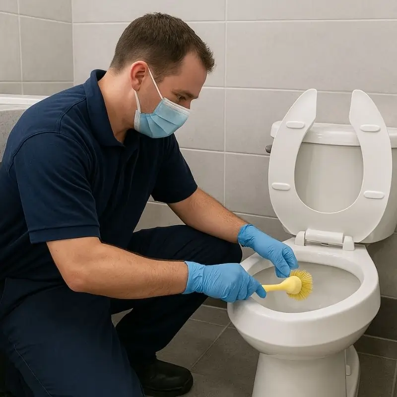 Cleaning toilet bowl in restroom