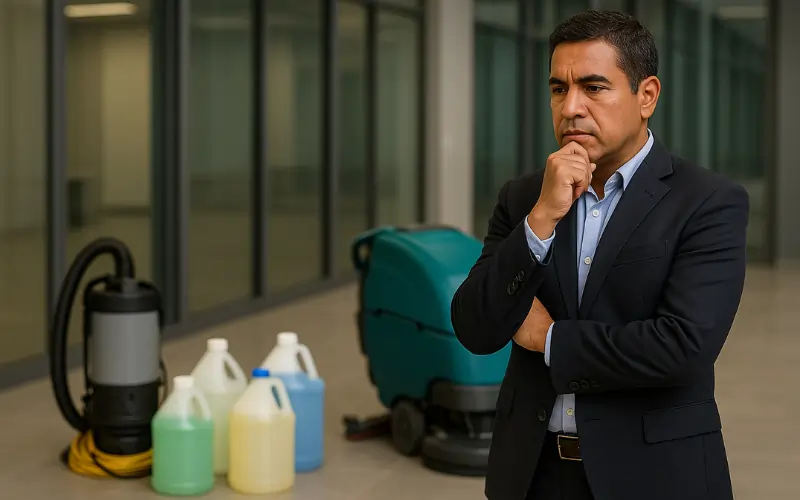 Facility manager looking at products, not knowing which are green cleaning products and equipment