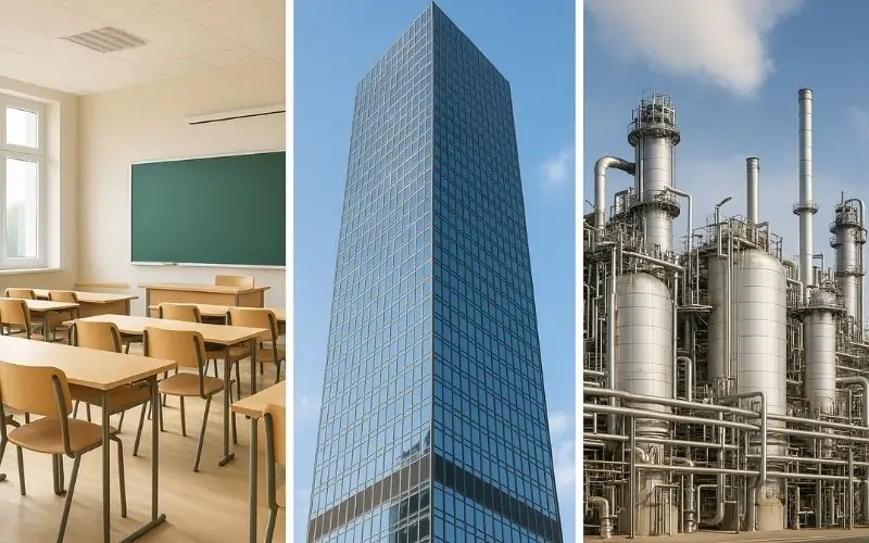 Image of public school, office building, and industrial facility that all must follow compliance regulation in NYC for green cleaning