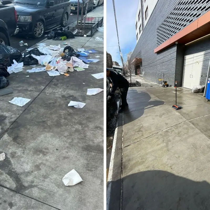 Cleaning and collecting curbside trash at NYC charter school - before and after