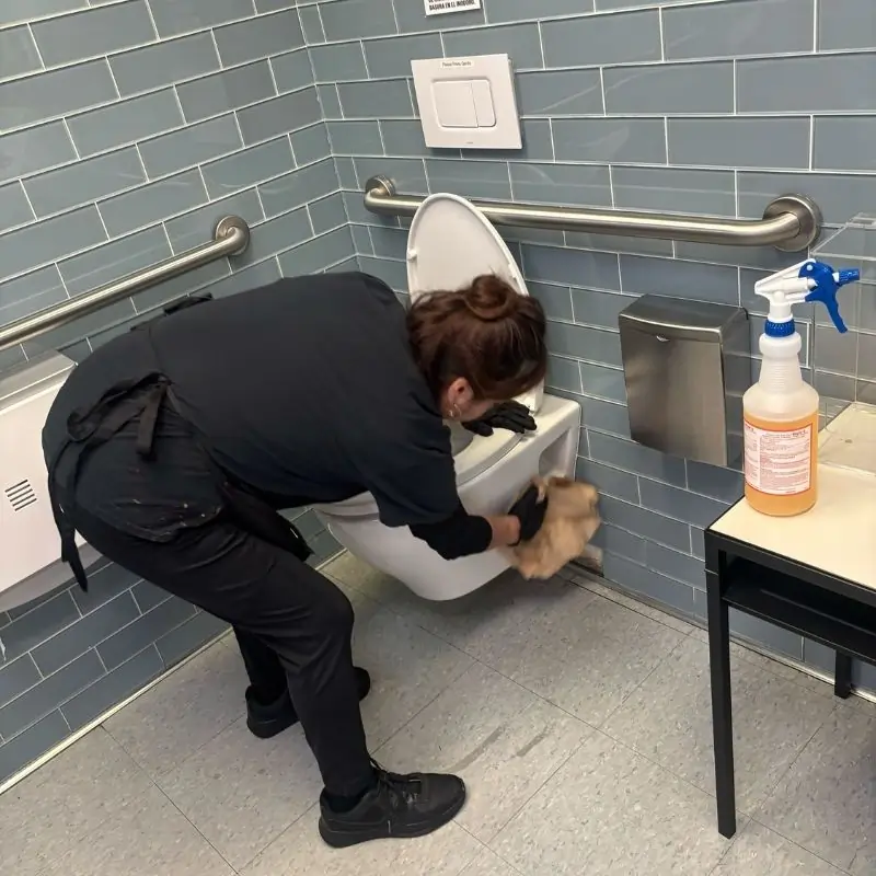 Cleaning toilets in restroom of NYC tourist attraction