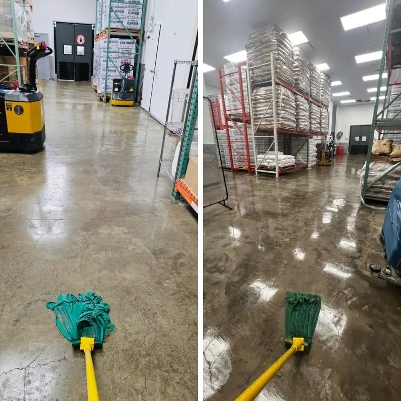 Concrete floor cleaning in NYC warehouse - before and after cleaning