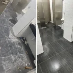 Tile and grout cleaning of restroom floors and walls - Before and after post-construction cleaning.