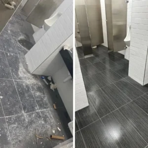 Tile and grout cleaning of restroom floors and walls - Before and after post-construction cleaning.