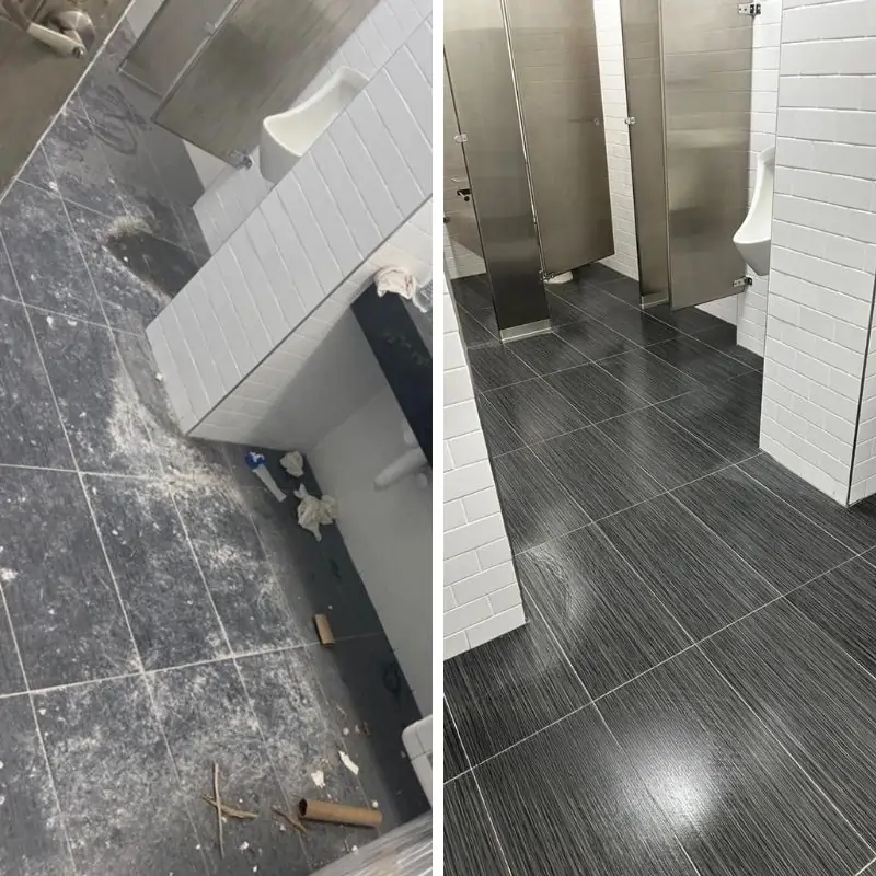 Tile and grout cleaning of restroom floors and walls - Before and after post-construction cleaning.