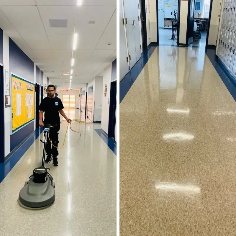 Professional cleaner cleaning vinyl floor in NYC charter school hallway - before and after cleaning