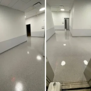 VCT floor strip and wax in NYC charter school hallway - before and after
