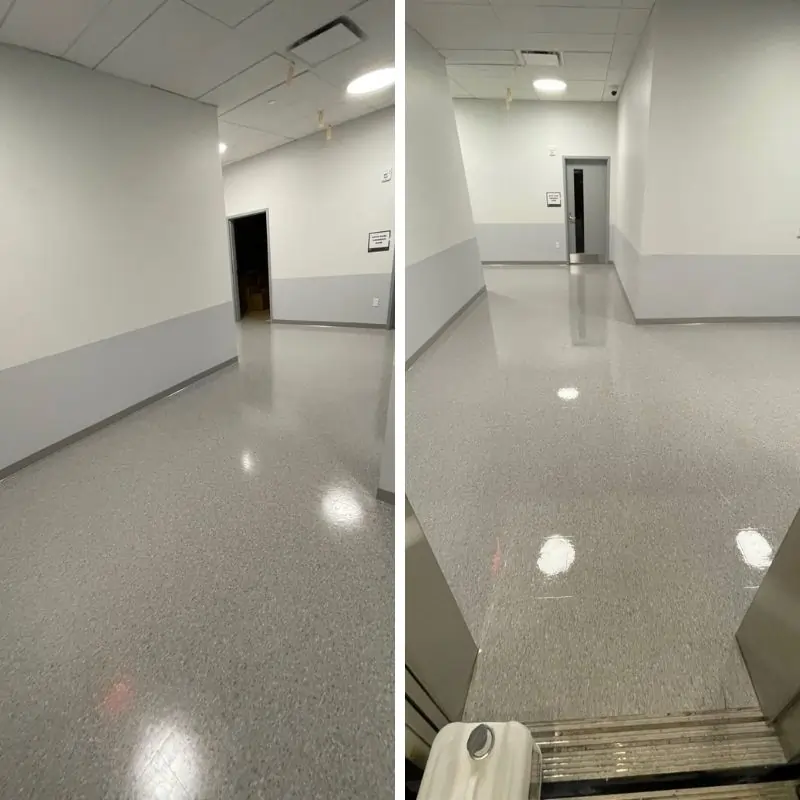 VCT floor strip and wax in NYC charter school hallway - before and after