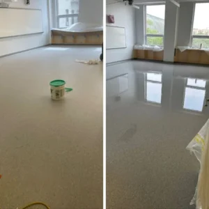 Vinyl floor strip and wax in NYC charter school class room - before and after cleaning