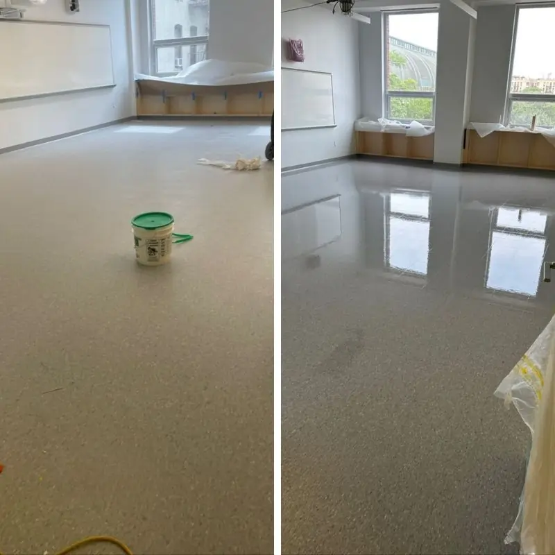 Vinyl floor strip and wax in NYC charter school class room - before and after cleaning