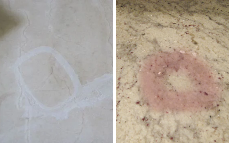 Marble floor with etch damage vs stain comparison