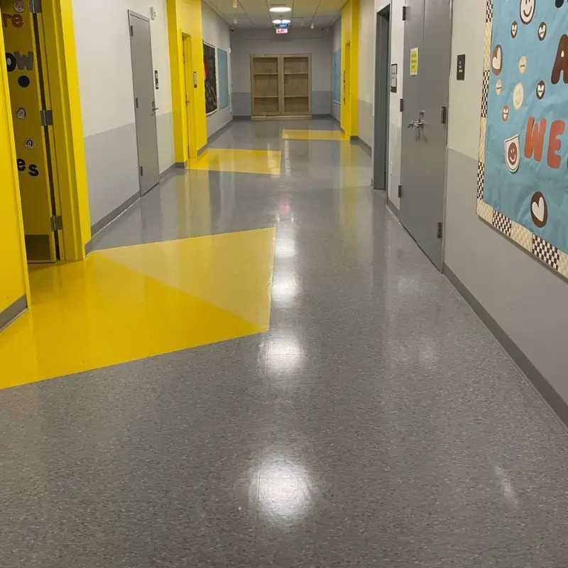 Before Picture - Vinyl floor strip and wax in NYC charter school hallway after completion Before Picture - Vinyl floor strip and wax in NYC charter school hallway after completion