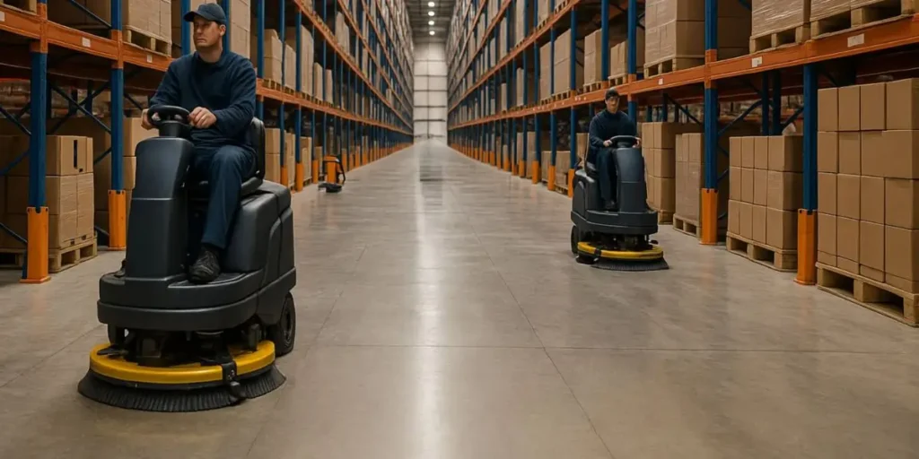 Warehouse floor cleaning - auto scrubbers cleaning warehouse concrete floor