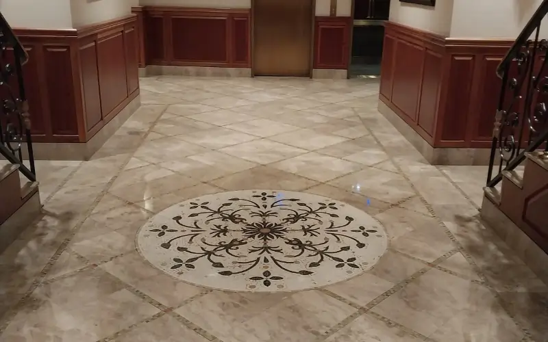 After image of cleaning and polishing marble floor in landmark office building in Manhattan NYC